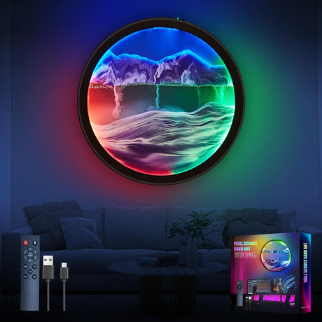 17.6'' Moving Sand Art Liquid Motion Picture Rechargeable Battery Operated Wall Sconce 360° Rotate Color Changing Lamp Led Wall Art Sand Relaxing Craft For Bedroom Living Room Office Wall Decor - Build Your Ideas