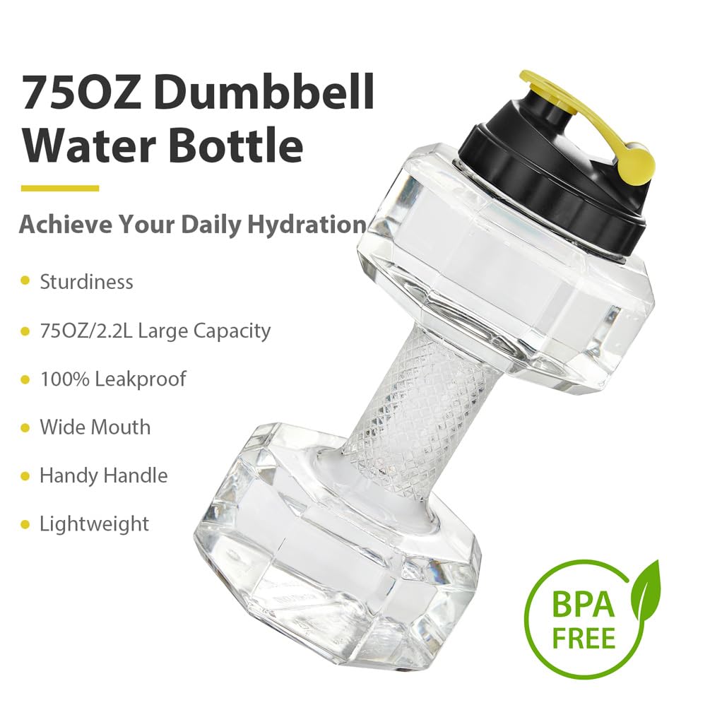 2.2L / 75Oz Dumbbell Shape Water Bottle, PETG Eco - friendly Sports Fitness Exercise Water Jug for Gym, Yoga, Running, Outdoors, Cycling, and Camping - Build Your Ideas