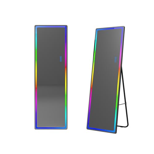 LVSOMT LED RGB Full Length Mirror, Full Body Mirror with Lights, Wall Mounted Lighted Mirror, Over The Door Hanging Mirror, 14 LED Light + Dimmable Brightness + Adjustable Speed, 47" x 16"