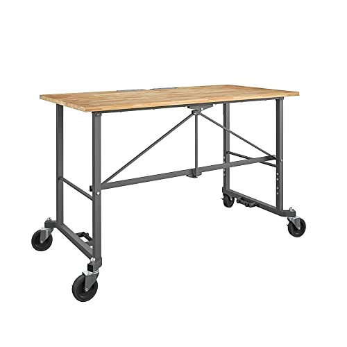 COSCO SmartFold Butcher Block Portable Workbench / Folding Utility Table (Hardwood Top, 700LB Total Weight Capacity, Locking Casters, Gray Steel Frame, 1 Pack)
