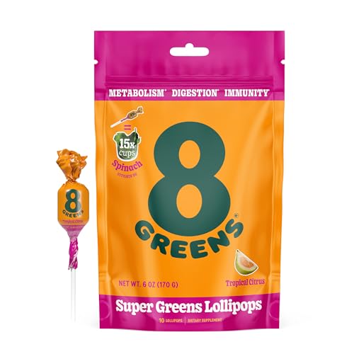 8Greens Supergreens Lollipops  Super Greens Suckers Greens Powder Glutenfree Vegan NonGMO Natural Tropical Citrus flavor 10 Count