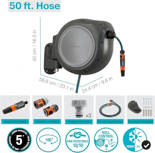 GARDENA 20505, 100' Retractable Garden Hose Reel with US Hose Threads - 100' x 1/2" hose, Automatic Retraction & Length Lock for Easy Watering. Heavy Duty Swivel Bracket 180°, Includes Nozzle.