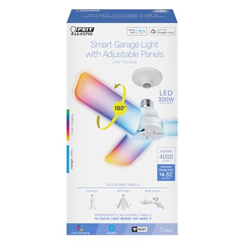 Feit Electric Smart LED Garage Light, RGBW 3 Panel, WiFi 2.4GHz, Screw-in LED Shop Light Bulb, Works with Alexa and Google Home Assistant, E26, 4000 Lumens, Garage Ceiling Light, ADJ4000/RGBW/LED/AG