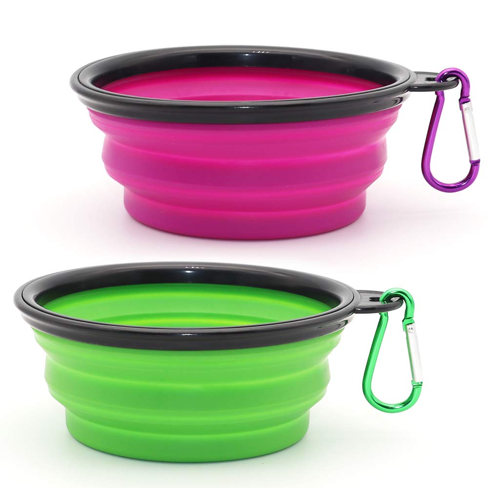 Dog Bowl Pet Collapsible Bowls, 2 Pack for Cats Dogs, Portable Pet Feeding Watering Dish for Walking Parking Traveling with 2 Carabiners (Small, Blue+Green)