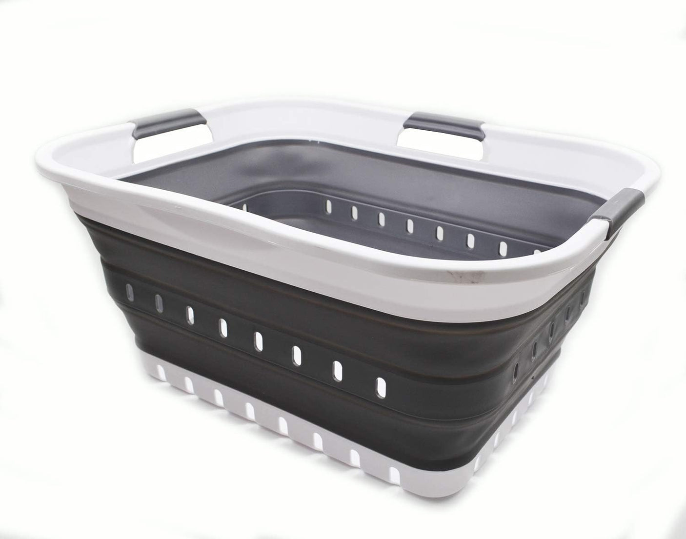 SAMMART 42L (11 gallon) Collapsible Plastic Laundry Basket - Foldable Pop Up Storage Container/Organizer - Space Saving Hamper/Basket (1, White/Grey)