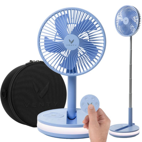 VENTY Original Portable Fan - Wireless Battery Operated Fan With 4 Speeds, LED Lighting, Carry Case & Remote Control - Premium Travel Rechargeable Fan & Power Bank With USB & USB-C Ports (Black)