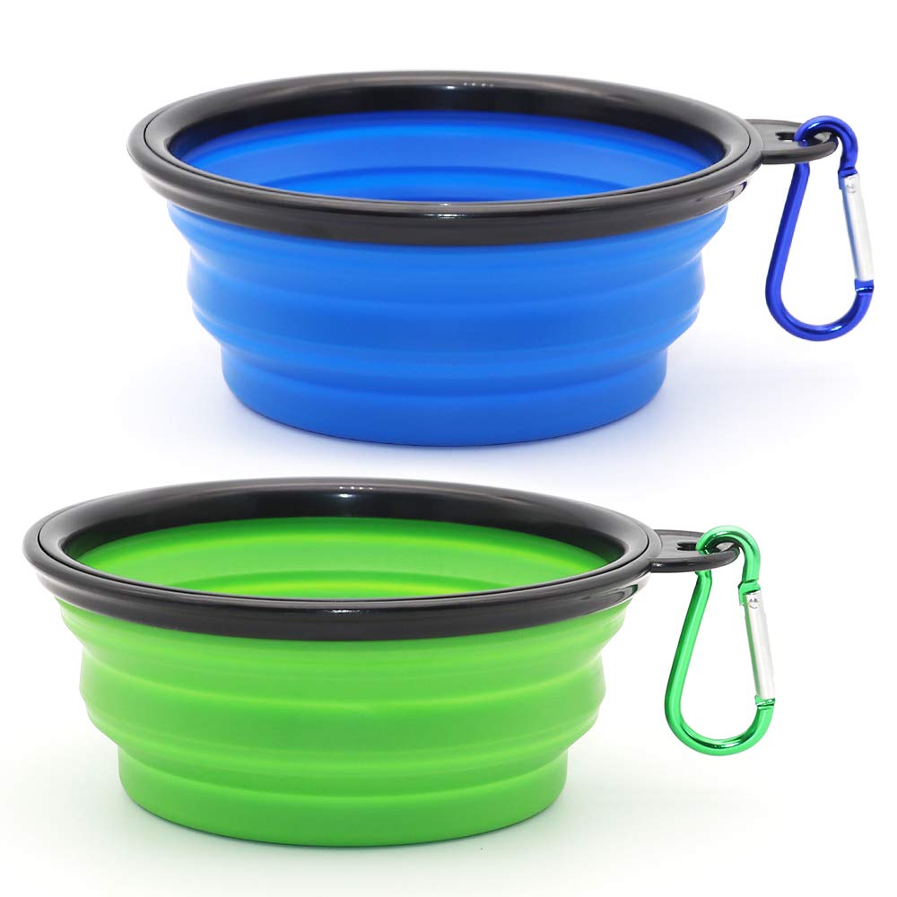 Dog Bowl Pet Collapsible Bowls, 2 Pack for Cats Dogs, Portable Pet Feeding Watering Dish for Walking Parking Traveling with 2 Carabiners (Small, Blue+Green)