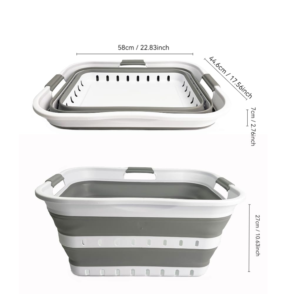 SAMMART 42L (11 gallon) Collapsible Plastic Laundry Basket - Foldable Pop Up Storage Container/Organizer - Space Saving Hamper/Basket (1, White/Grey)