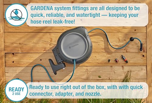 GARDENA 20505, 100' Retractable Garden Hose Reel with US Hose Threads - 100' x 1/2" hose, Automatic Retraction & Length Lock for Easy Watering. Heavy Duty Swivel Bracket 180°, Includes Nozzle.