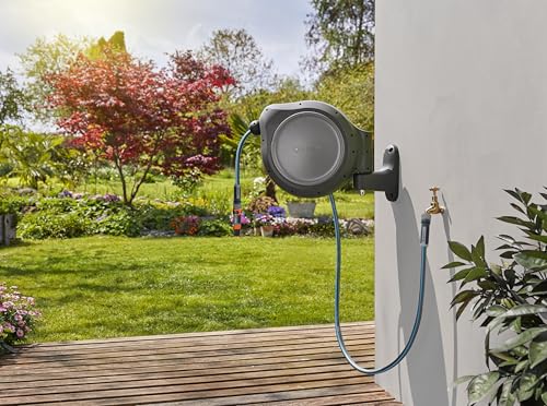 GARDENA 20505, 100' Retractable Garden Hose Reel with US Hose Threads - 100' x 1/2" hose, Automatic Retraction & Length Lock for Easy Watering. Heavy Duty Swivel Bracket 180°, Includes Nozzle.