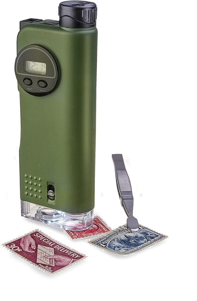 Carson X-Scope Kids 7 Function Multi Purpose Optical Pocket Tool with 30x Microscope, 8x Telescope, 9x Fold-Out Magnifier, Flashlight, Signal Whistle, Directional Compass and Digital Clock (CP-11)