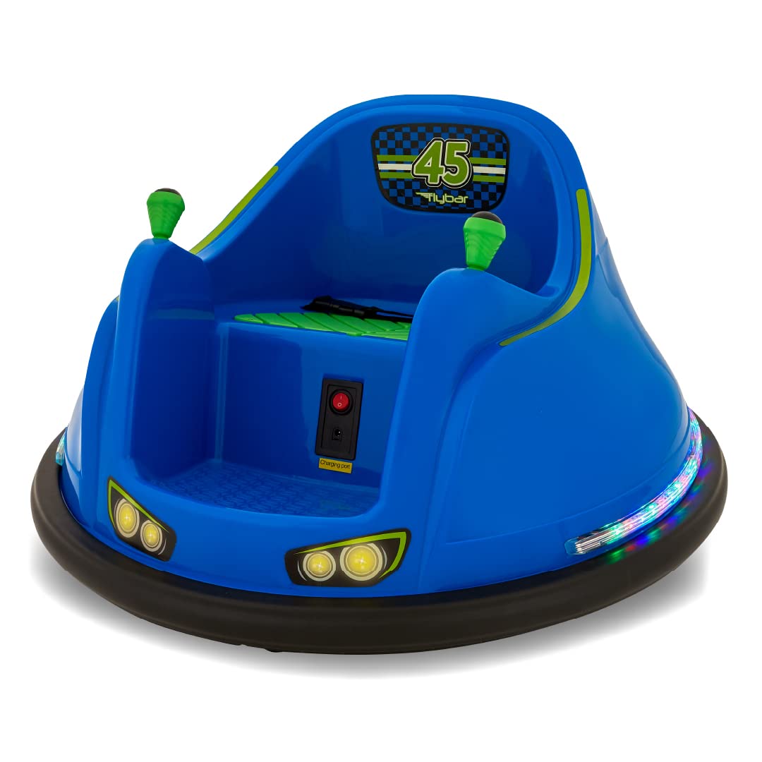 Flybar 6V Blue Glow Bumper Car for Kids – LED Ride-On Toy with 360° Spin, Rechargeable Battery, and Soft Rubber Bumpers – Safe Indoor Fun for Toddlers Ages 1.5+, Up to 66 lbs