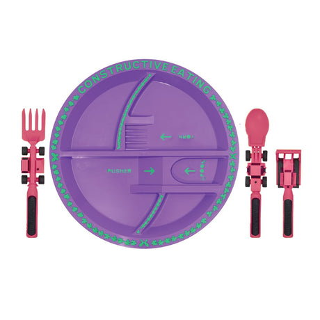 Constructive Eating Plate and Utensils Set - USA-Made Toddler Dinnerware with Divided Plates (Dinosaur)