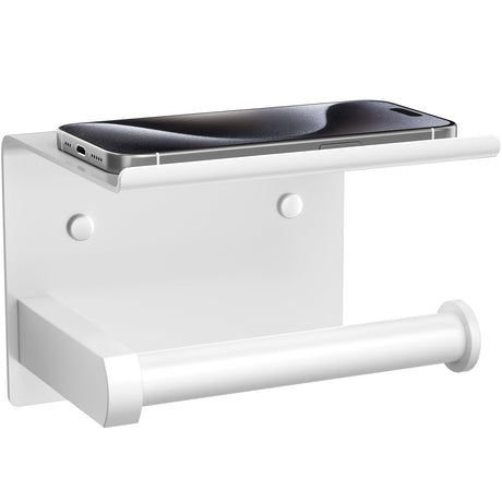 Tindbea Toilet Paper Holder with Phone Shelf, Adhesive or Screw Wall Mount Toilet Tissue Roll Holder, Rustproof & Multifunctional Stainless Steel Bathroom Storage Dispenser (Brushed Nickel)