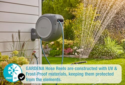 GARDENA 20505, 100' Retractable Garden Hose Reel with US Hose Threads - 100' x 1/2" hose, Automatic Retraction & Length Lock for Easy Watering. Heavy Duty Swivel Bracket 180°, Includes Nozzle.