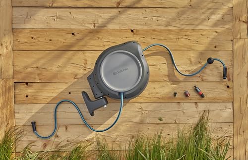 GARDENA 20505, 100' Retractable Garden Hose Reel with US Hose Threads - 100' x 1/2" hose, Automatic Retraction & Length Lock for Easy Watering. Heavy Duty Swivel Bracket 180°, Includes Nozzle.