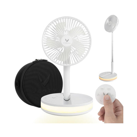 VENTY Original Portable Fan - Wireless Battery Operated Fan With 4 Speeds, LED Lighting, Carry Case & Remote Control - Premium Travel Rechargeable Fan & Power Bank With USB & USB-C Ports (Black)