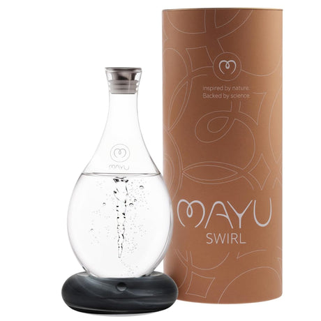 MAYU Swirl Carafe | Hand-Blown Glass – Enhances Oxygenation & Taste, Creates Structured Water w/Natural Swirl, BPA-Free Lid, Ideal as Bedside Carafe & Filter Pitcher Alternative | 51 oz (Earth Base)