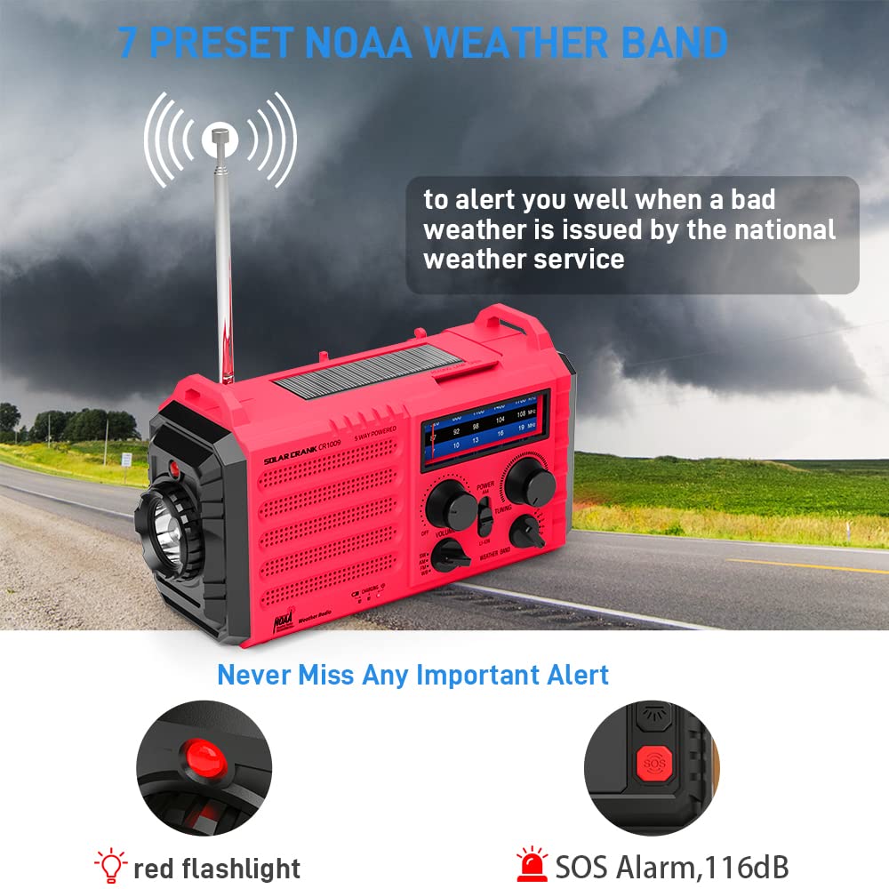 NOAA Weather Radio, Emergency Hand Crank Radio with Solar Charger, Portable Battery Operated AM FM Shortwave Radio with LED Flashlight, USB Charger, Earbud Jack, SOS Alert for Home Survival Hurricane