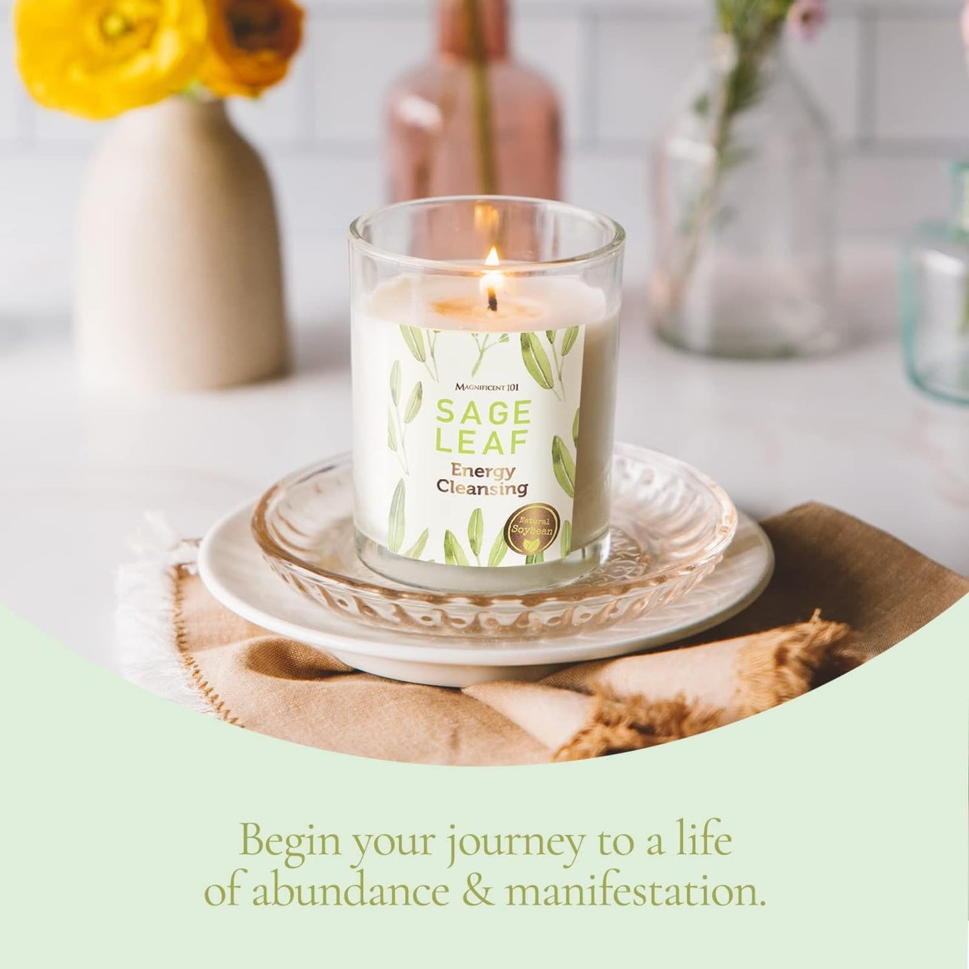 Magnificent 101 Set of 3 Long Lasting Pure Sage Smudge Candles - 42 Hour Burn, 3.5 Oz Each, Made with Soy Wax and Herb, Ideal for House Energy Cleansing, Meditation & Manifestation