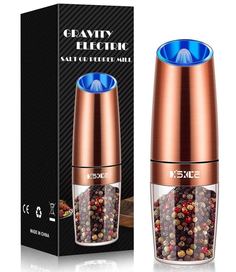 Gravity Electric Pepper and Salt Grinder Set, Salt and Pepper Mill & Adjustable Coarseness, Battery Powered with LED Light, One Hand Automatic Operation, Stainless Steel (Set/Silver)