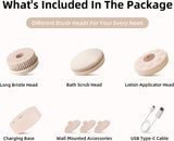 Electric Body Brush Back Scrubber for Shower, Waterproof Long Dual Handle Power Body Scrubber with 3 Heads, Rechargeable Bath Brush & 2 Speeds, for Cleansing, Exfoliating and Massaging Skin