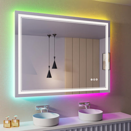 60x30 Inch LED Bathroom Mirror with Lights, Color Changing RGD Backlit and Front Light Mirror,Lighted Vanity Mirrors for Bathroom Wall, Dimmable, Anti-Fog,Shatterproof,Memory