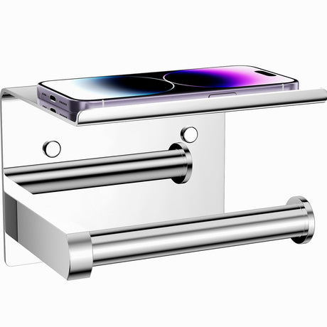 Tindbea Toilet Paper Holder with Phone Shelf, Adhesive or Screw Wall Mount Toilet Tissue Roll Holder, Rustproof & Multifunctional Stainless Steel Bathroom Storage Dispenser (Brushed Nickel)