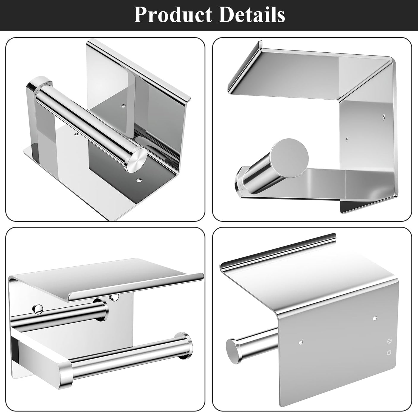 Tindbea Toilet Paper Holder with Phone Shelf, Adhesive or Screw Wall Mount Toilet Tissue Roll Holder, Rustproof & Multifunctional Stainless Steel Bathroom Storage Dispenser (Brushed Nickel)