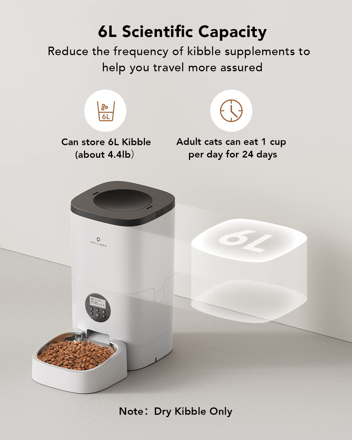 PETLIBRO Automatic Dog Feeder, 6L Dog Food Dispenser with Timer Interactive Voice Recorder, Auto Dog Feeder with Desiccant Bag 1-4 Meals Dry Food, Black Transparent