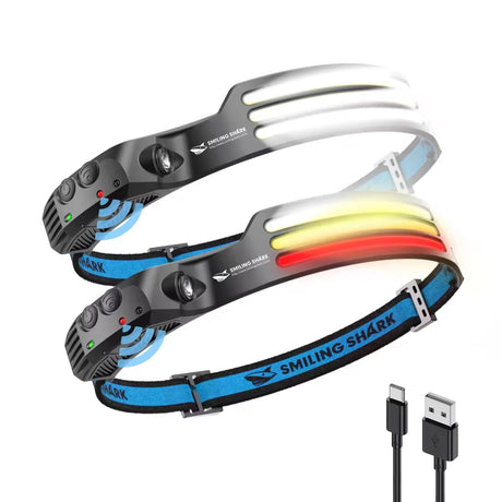 Smiling Shark LED Headlamp, 230°Wide Angle 3*White Light 2 Pack The Brightest Head Lamp Rechargeable Motion Sensor Waterproof Headlight for Camping Hiking Outdoor, Head-Lamp-LED-Frontale-Light