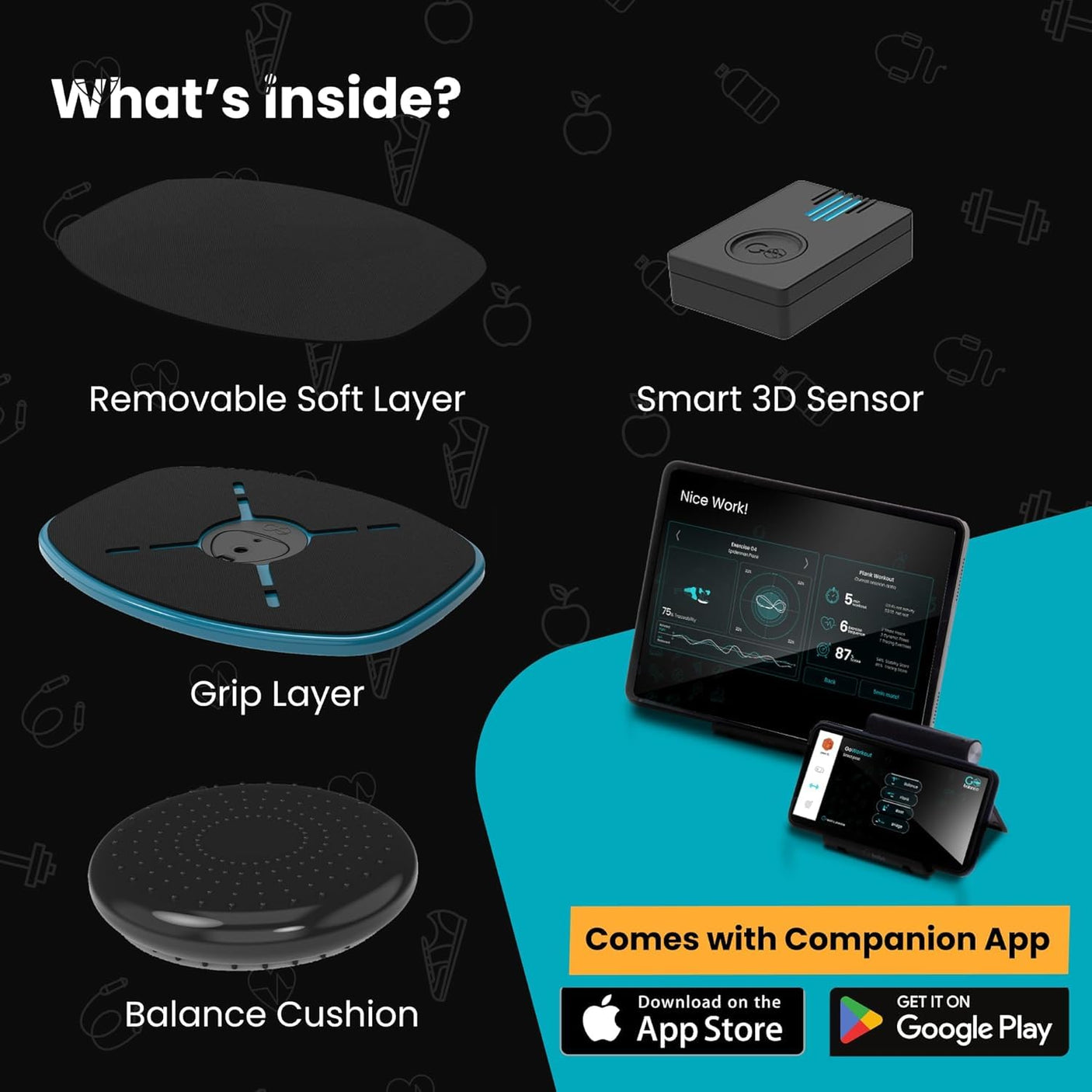 GoBalance Board - App-Enabled Balance Board. Smart Bluetooth Sensor, 12 FREE Interactive Games - Fun, Balance Training and Home Gym Workout! Boost Coordination & Strength for Teens and Adults