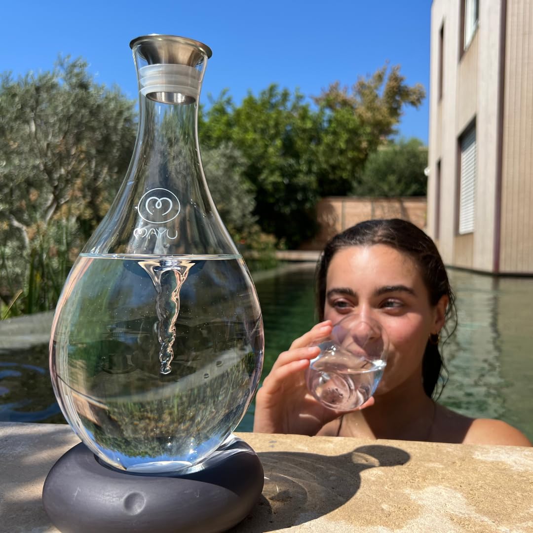 MAYU Swirl Carafe | Hand-Blown Glass – Enhances Oxygenation & Taste, Creates Structured Water w/Natural Swirl, BPA-Free Lid, Ideal as Bedside Carafe & Filter Pitcher Alternative | 51 oz (Earth Base)