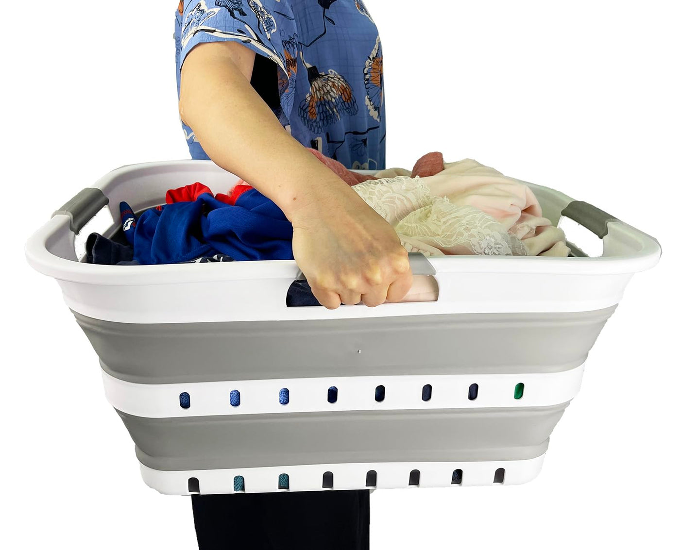 SAMMART 42L (11 gallon) Collapsible Plastic Laundry Basket - Foldable Pop Up Storage Container/Organizer - Space Saving Hamper/Basket (1, White/Grey)