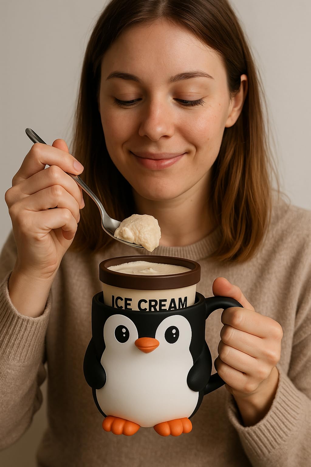 Penguin Ice Cream Pint Holder – Fits Standard Pints – Dual Spoon Sockets – Keeps Hands Warm – Fun Penguin Design with Vibrant Colors – Reusable Ice Cream Sleeve - Ramen Noodle Holder