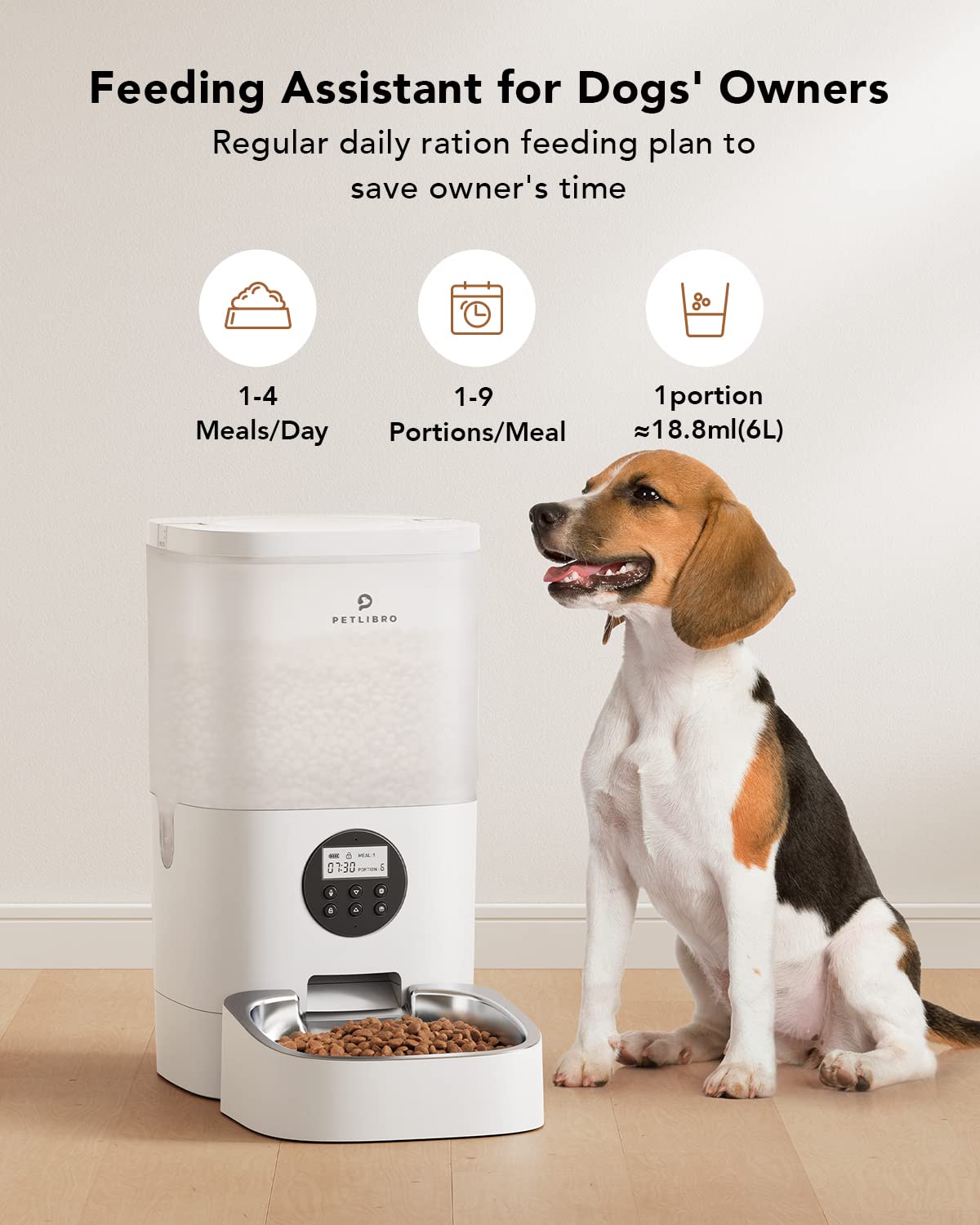 PETLIBRO Automatic Dog Feeder, 6L Dog Food Dispenser with Timer Interactive Voice Recorder, Auto Dog Feeder with Desiccant Bag 1-4 Meals Dry Food, Black Transparent