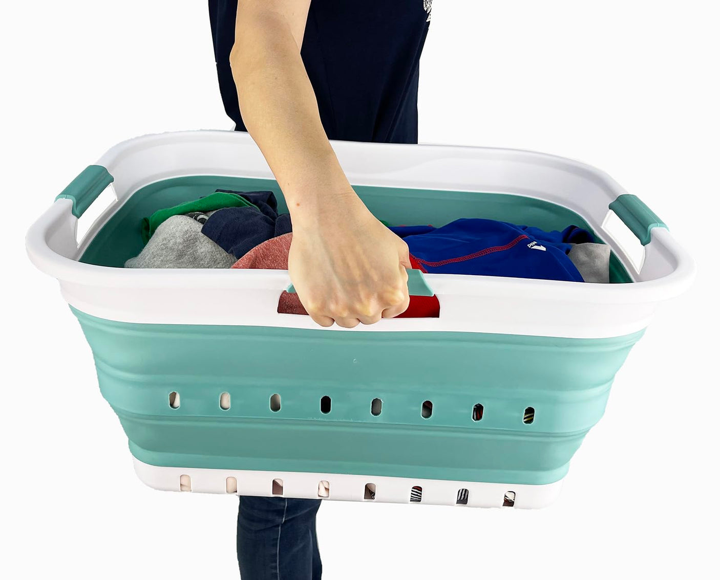 SAMMART 42L (11 gallon) Collapsible Plastic Laundry Basket - Foldable Pop Up Storage Container/Organizer - Space Saving Hamper/Basket (1, White/Grey)