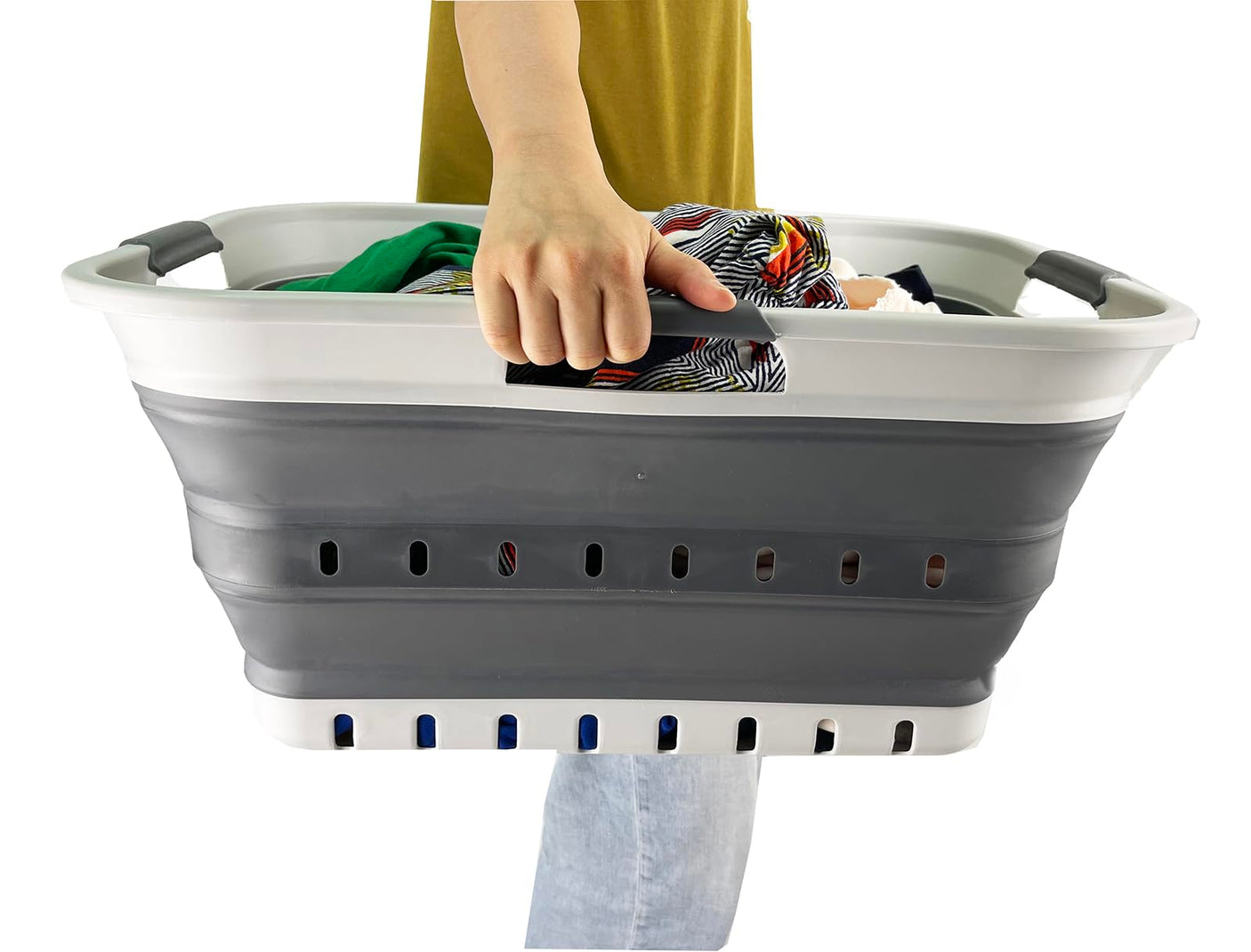 SAMMART 42L (11 gallon) Collapsible Plastic Laundry Basket - Foldable Pop Up Storage Container/Organizer - Space Saving Hamper/Basket (1, White/Grey)