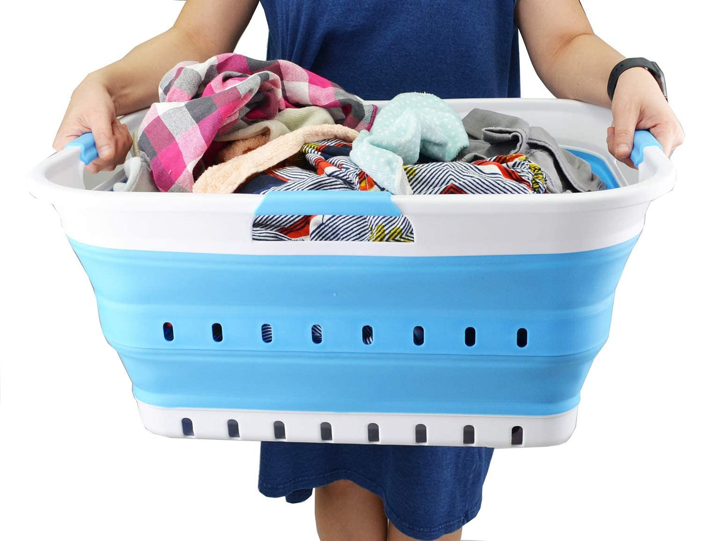 SAMMART 42L (11 gallon) Collapsible Plastic Laundry Basket - Foldable Pop Up Storage Container/Organizer - Space Saving Hamper/Basket (1, White/Grey)