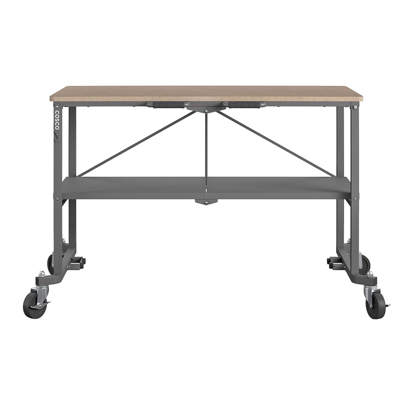 COSCO SmartFold Butcher Block Portable Workbench / Folding Utility Table (Hardwood Top, 700LB Total Weight Capacity, Locking Casters, Gray Steel Frame, 1 Pack)