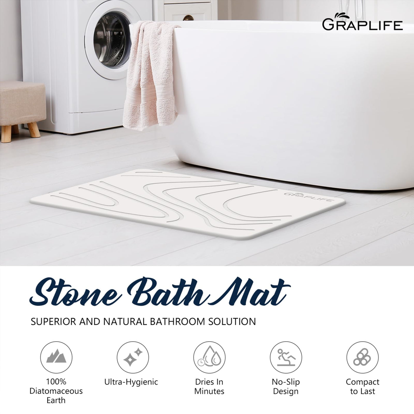 Stone Bath Mat, Diatomaceous Earth Shower Mat, Non-Slip Super Absorbent Quick Drying Bathroom Floor Mat, Natural, Easy to Clean (23.6 x 15.35 Darkgrey)