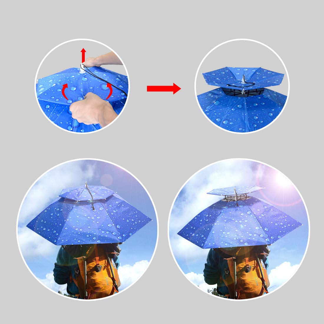 NEW-Vi Fishing Umbrella Hat Folding Adjustable Sun Rain Cap, 37.4”Oversize Hands Free Umbrellas, 7-Ribs Anti-UV Waterproof Headwear for Fishing Gardening Golf Sunshade Outdoor