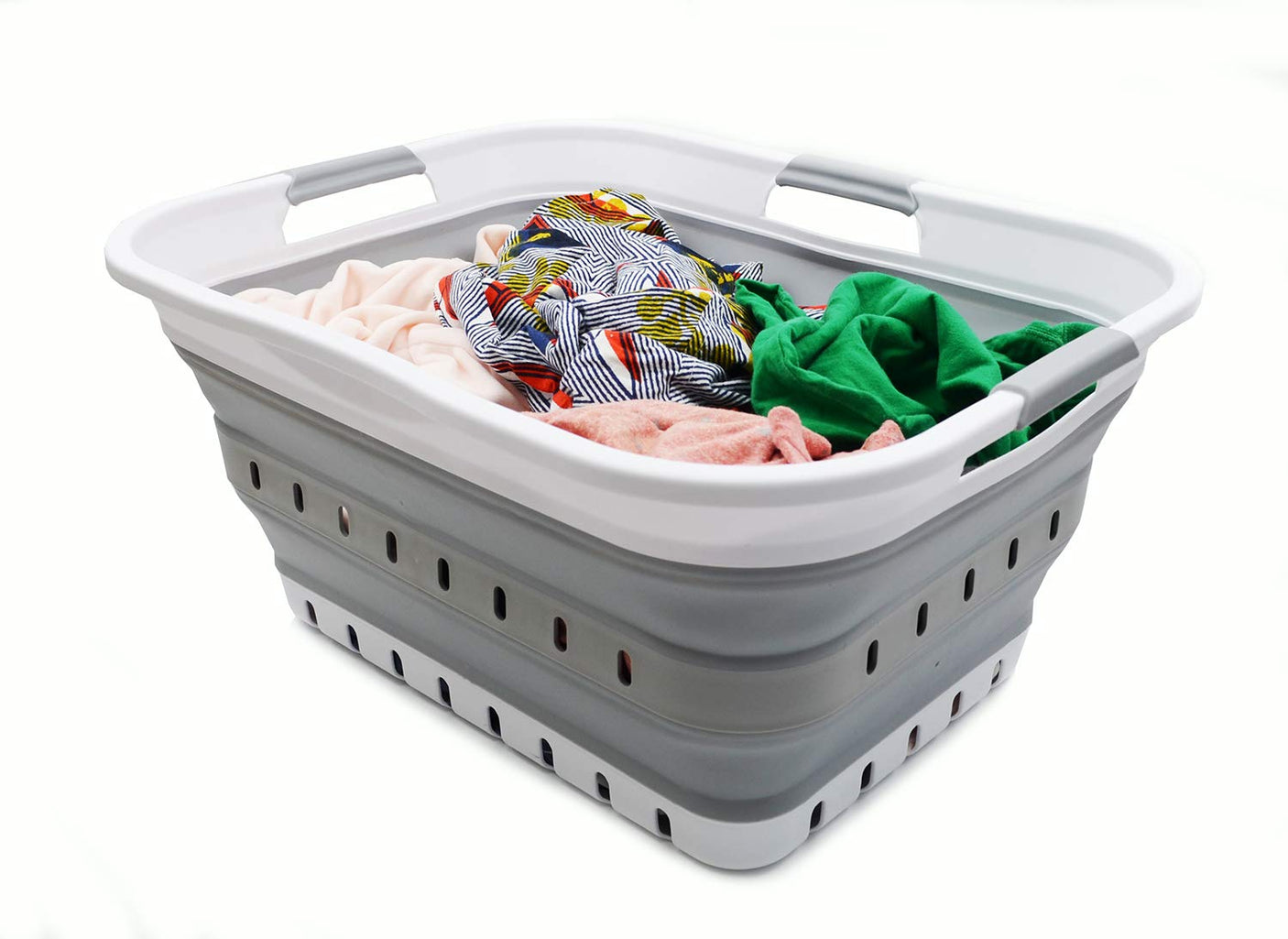 SAMMART 42L (11 gallon) Collapsible Plastic Laundry Basket - Foldable Pop Up Storage Container/Organizer - Space Saving Hamper/Basket (1, White/Grey)