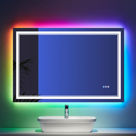 60x30 Inch LED Bathroom Mirror with Lights, Color Changing RGD Backlit and Front Light Mirror,Lighted Vanity Mirrors for Bathroom Wall, Dimmable, Anti-Fog,Shatterproof,Memory