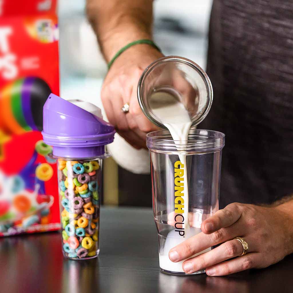 CRUNCHCUP XL Yellow - Portable Plastic Cereal Cups for Breakfast On the Go, To Go Cereal and Milk Container for your favorite Breakfast Cereals, No Spoon or Bowl Required