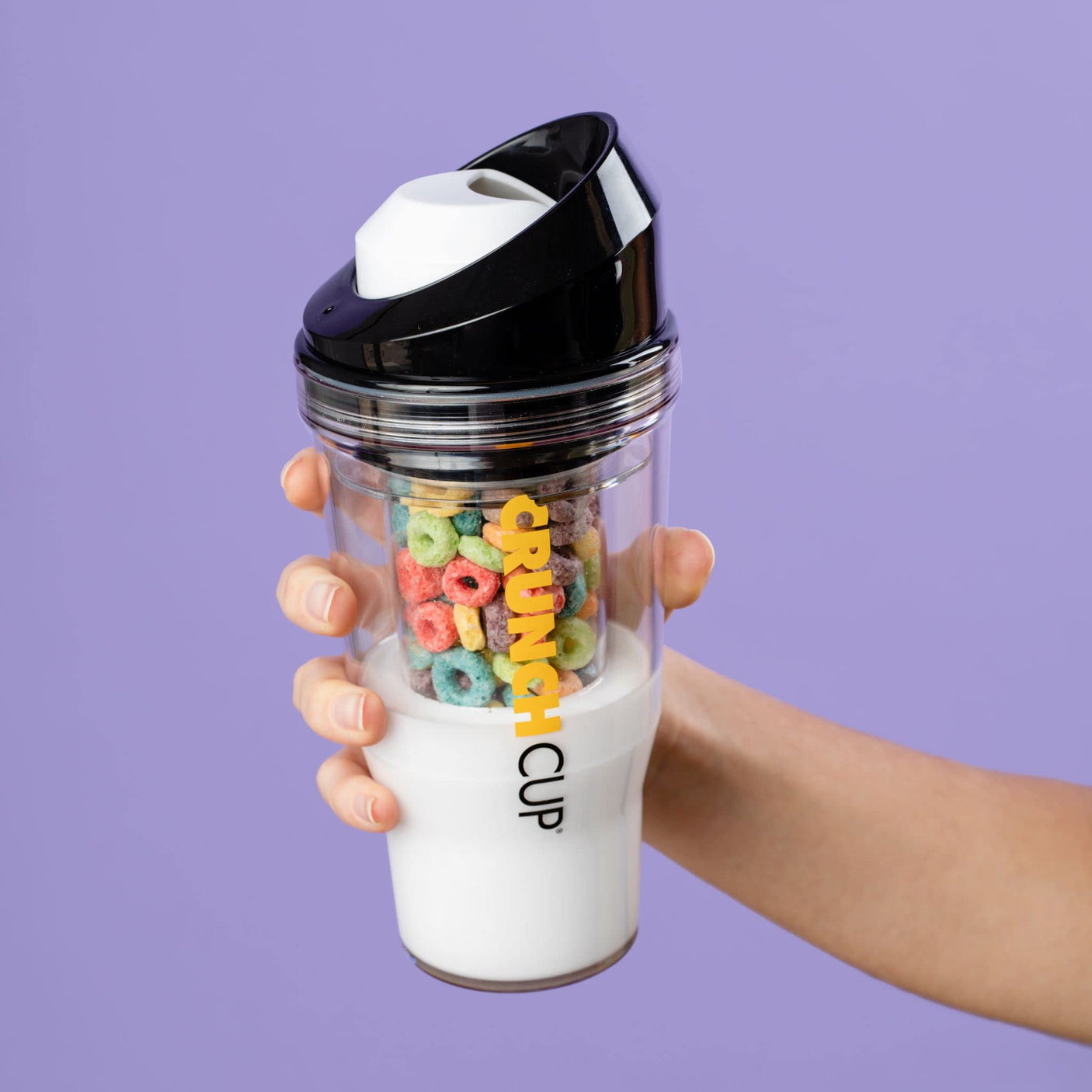 CRUNCHCUP XL Yellow - Portable Plastic Cereal Cups for Breakfast On the Go, To Go Cereal and Milk Container for your favorite Breakfast Cereals, No Spoon or Bowl Required