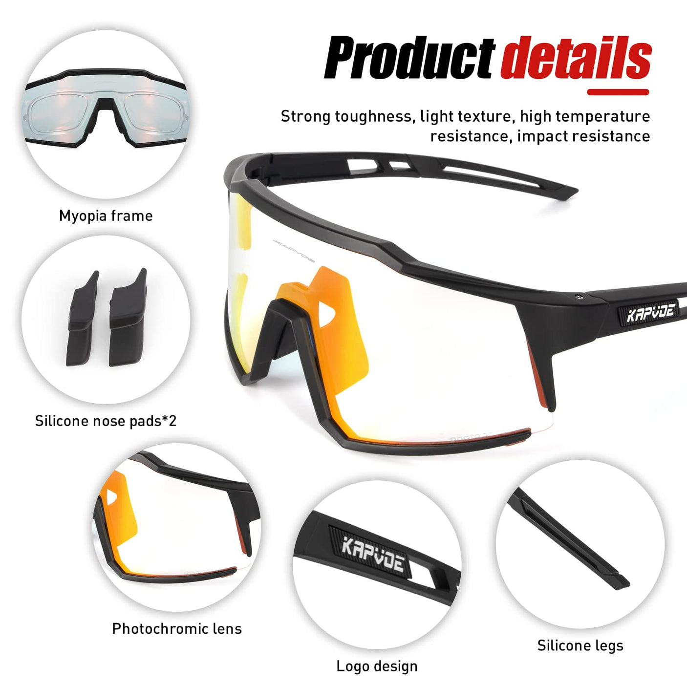 KAPVOE Photochromic Cycling Glasses MTB Clear Mountain Bike Transition Bicycle Sunglasses for Men Women - K9022