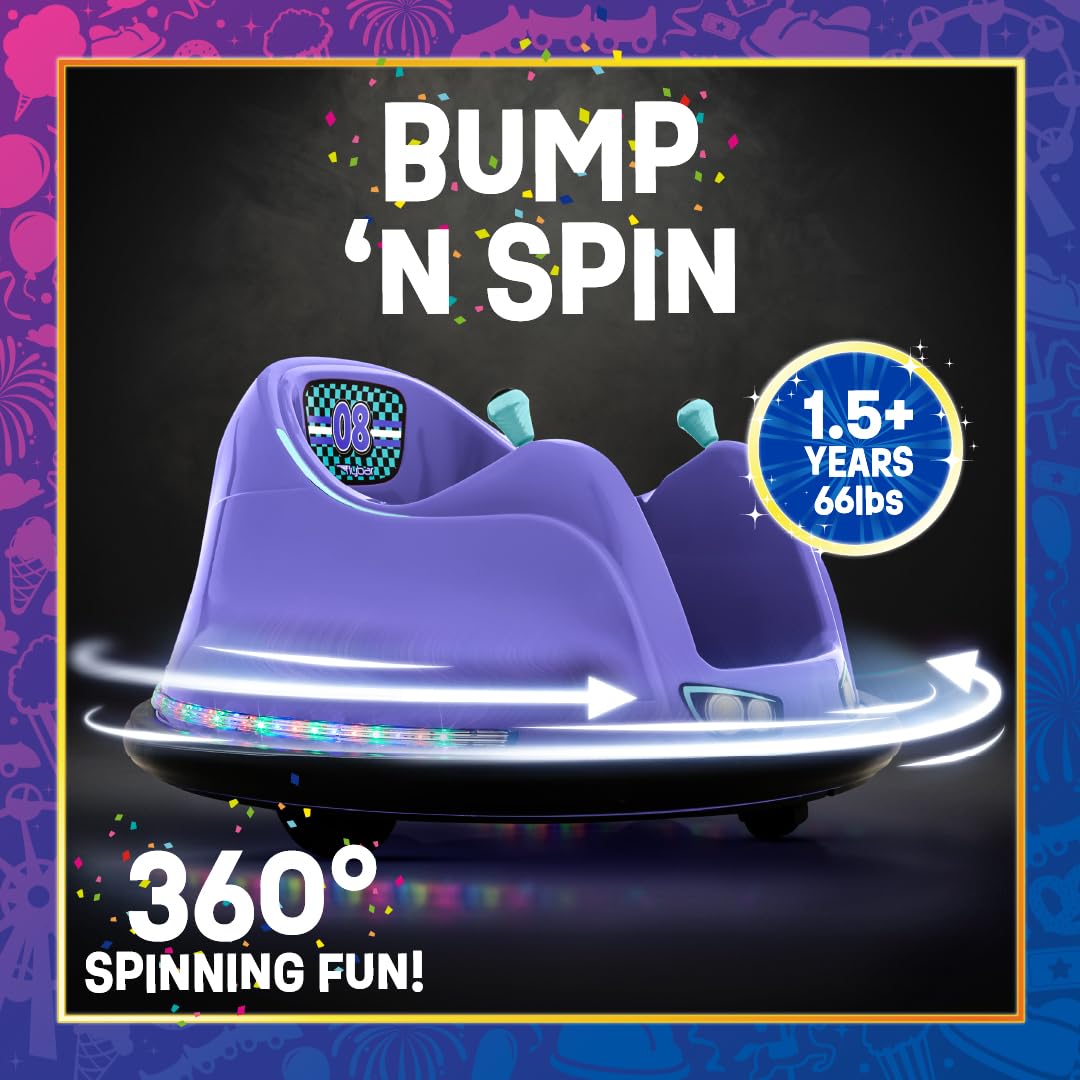 Flybar 6V Blue Glow Bumper Car for Kids – LED Ride-On Toy with 360° Spin, Rechargeable Battery, and Soft Rubber Bumpers – Safe Indoor Fun for Toddlers Ages 1.5+, Up to 66 lbs