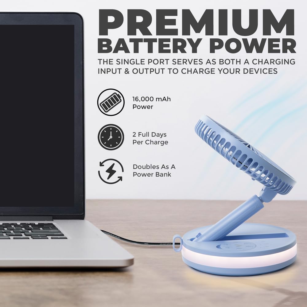VENTY Original Portable Fan - Wireless Battery Operated Fan With 4 Speeds, LED Lighting, Carry Case & Remote Control - Premium Travel Rechargeable Fan & Power Bank With USB & USB-C Ports (Black)