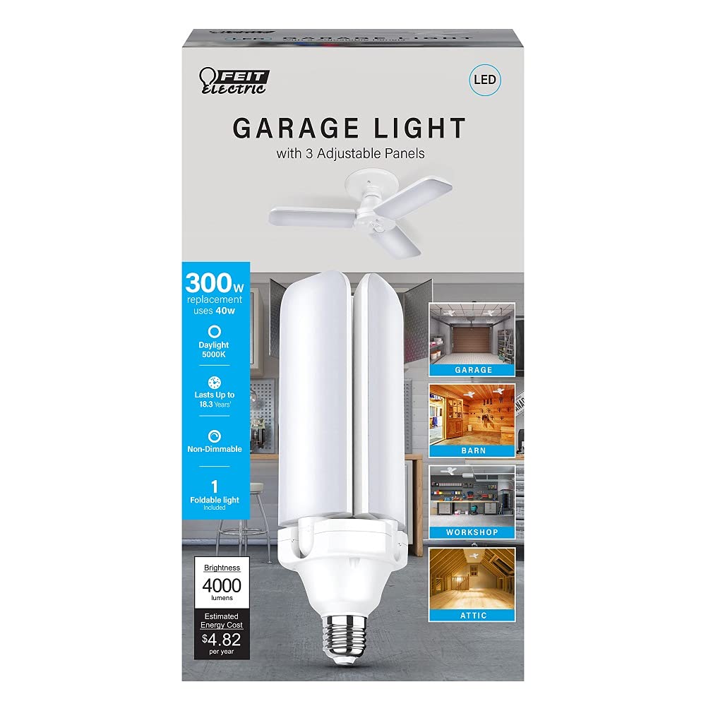 Feit Electric Smart LED Garage Light, RGBW 3 Panel, WiFi 2.4GHz, Screw-in LED Shop Light Bulb, Works with Alexa and Google Home Assistant, E26, 4000 Lumens, Garage Ceiling Light, ADJ4000/RGBW/LED/AG